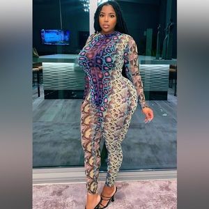 FashionNova Snake Print Mesh Jumpsuit - Size XL